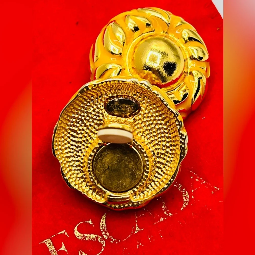 ESCADA 1980s Rare Vintage Goldtone Button Disc Clipon Signed Earrings & Dust Bag - Picture 3 of 6